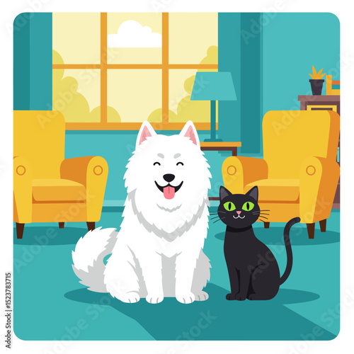 Cartoon Samoyed dog and black cat sitting together in a living room