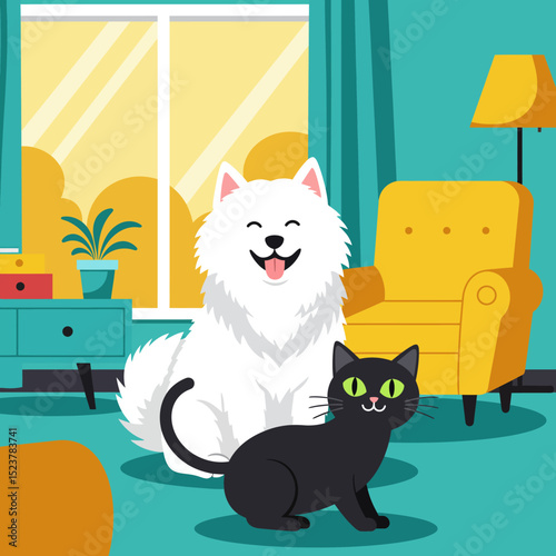 Happy White Dog and Black Cat in a Colorful Living Room Illustration