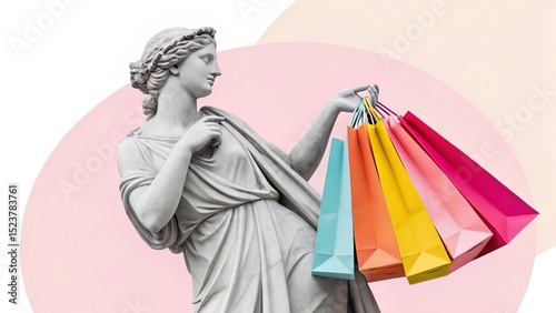 Classic Marble Statue Clutching Colorful Shopping Bags on Pink for Retail-Art Fusion