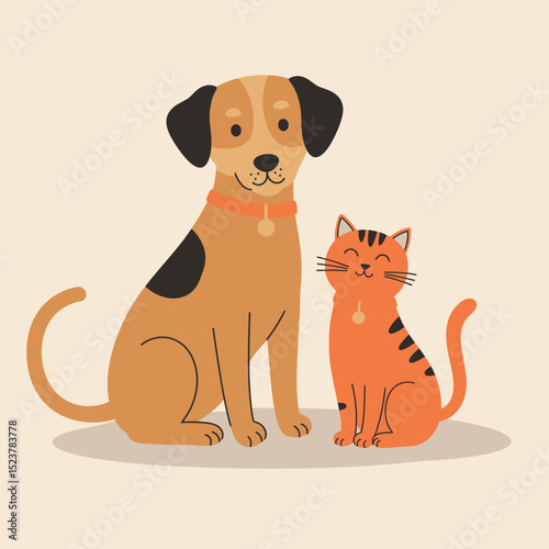 Cartoon Dog and Cat Sitting Together Cute Pet Illustration
