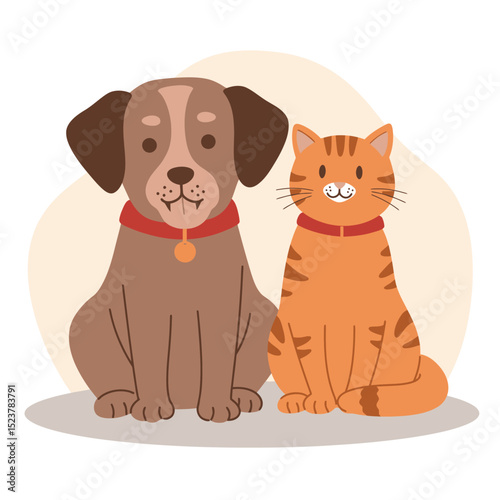 Cute Cartoon Dog and Cat Sitting Together Wearing Collars with Tags