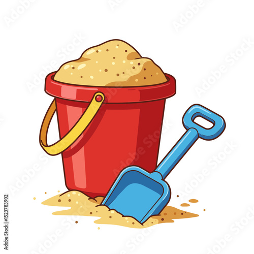 Cartoon Illustration of a Red Bucket Filled with Sand and a Blue Shovel