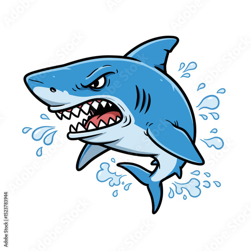 Cartoon illustration of an angry great white shark with water splashing around