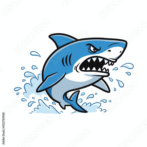 Cartoon Angry Shark Leaping from Water with Sharp Teeth and Fins