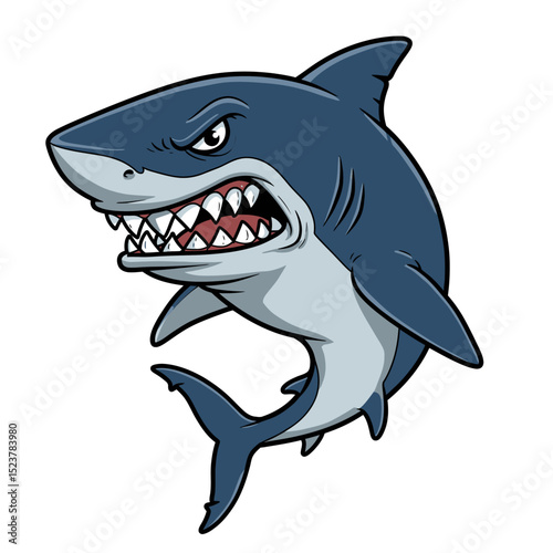 Cartoon illustration of a menacing great white shark with sharp teeth