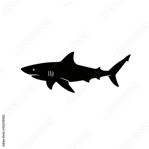 Black silhouette of a shark swimming in the ocean on white background