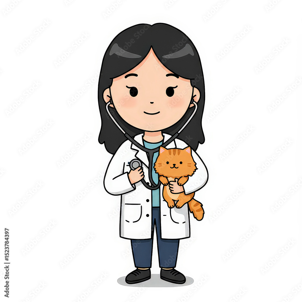 Fototapeta premium Cartoon veterinarian examines cat