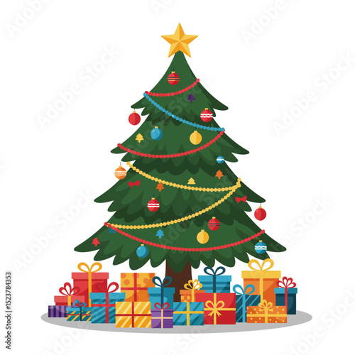 Decorated Christmas Tree with Star and Colorful Gifts Illustration on White Background