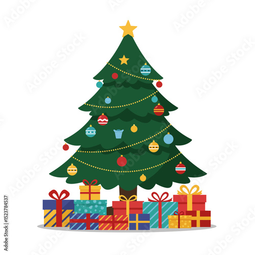 Decorated Christmas Tree with Colorful Ornaments and Wrapped Presents Illustration
