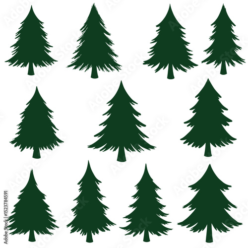 Collection of Evergreen Tree Silhouettes Perfect for Holiday or Nature Themed Design