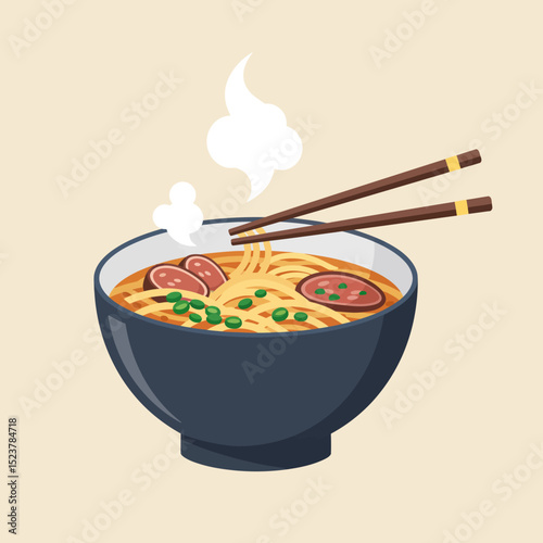 Steaming Bowl of Ramen Noodles with Chopsticks and Meat Toppings