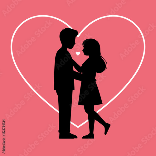 Romantic Couple Silhouette Embracing with Heart Background for Valentines Day or Anniversary