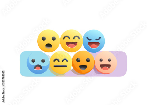 3D rendering of a bunch of emojis with faces representing different emotions with copy space.
