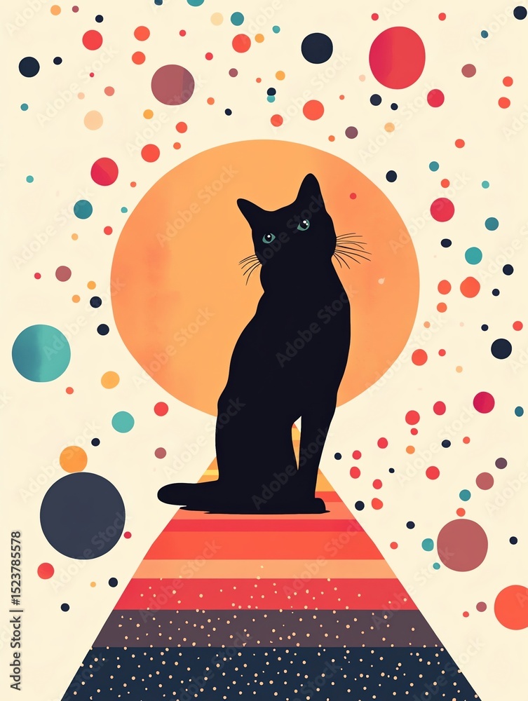 Fototapeta Stylized black cat against colorful cosmic background.