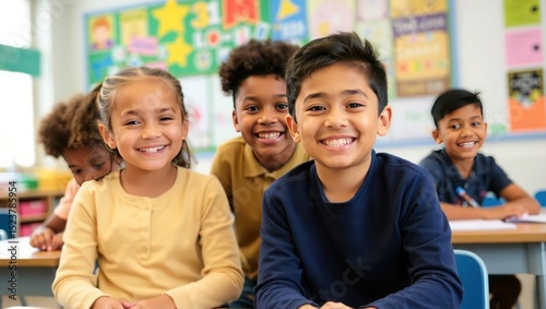 Happy, Diverse Elementary School Children Celebrating Education and Inclusion