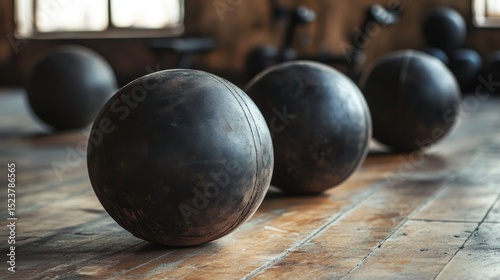 Old, leather workout balls are in the gym for exercise. Add your words or designs! Plenty of space.
