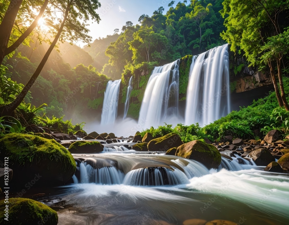 Fototapeta premium Beautiful Long Waterfall Flowing Through Dense Green Tropical Forest Scene