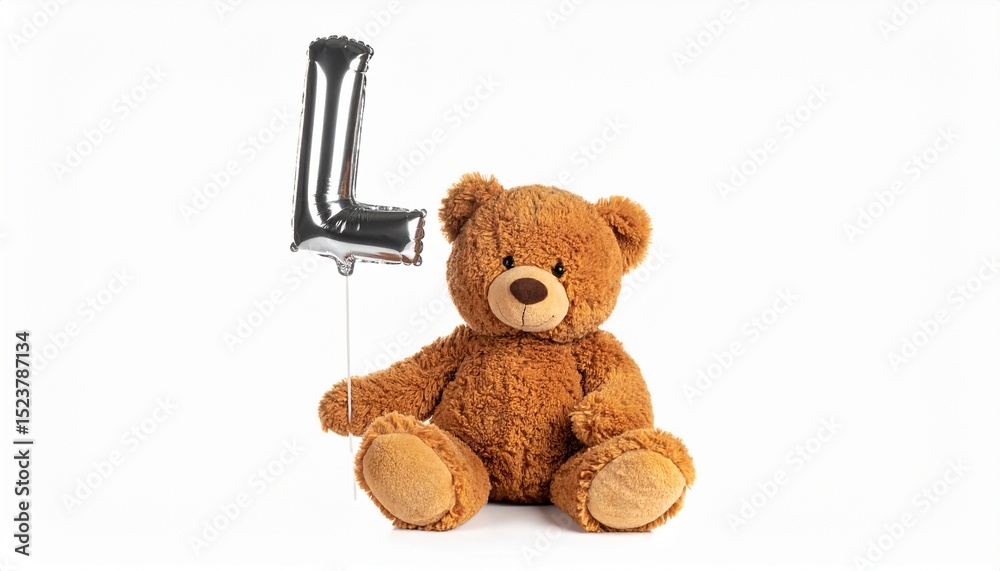 Obraz premium Cute brown teddy bear with balloon letter L. Baby name reveal after child birth. Stuffed animal isolated on white background