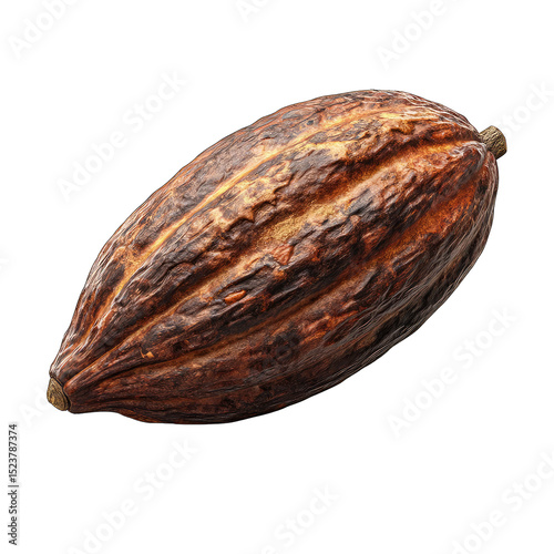 Single dried cocoa pod, dark brown, textured skin, oblong shape, isolated on black background