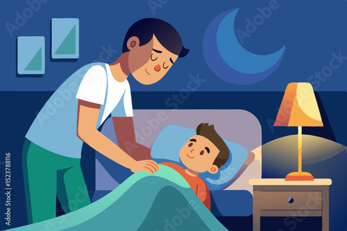 child covering sleeping father with a blanket, warm light from bedside lamp