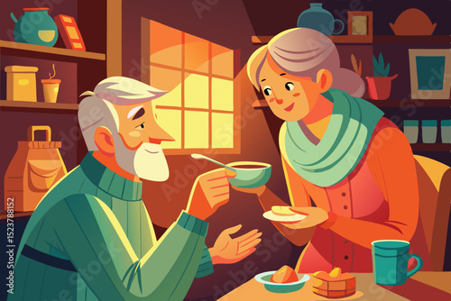 man feeding elderly woman with a spoon, warm interior, soft fabric surroundings