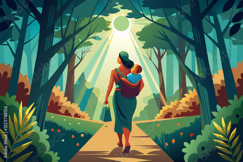 mother with baby in sling walking a forest path, sunbeams through leaves