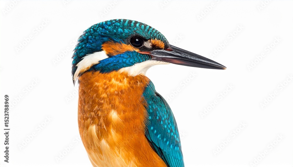 Obraz premium A stunning close-up of a common kingfisher captured with sharp detail against an isolated white background, highlighting its vibrant plumage and intricate features.