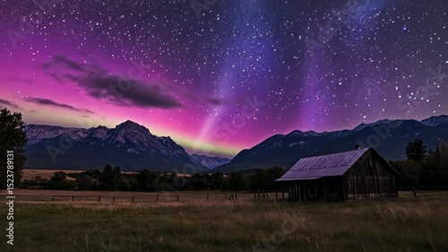 Mountain meadow under a vibrant purple night sky