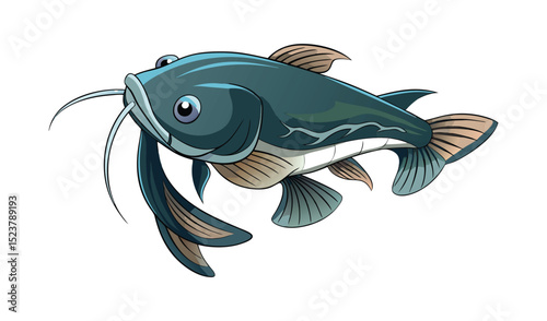 Photo of a teal and brown cartoon catfish, isolated on white background, swims with its long barbels extended