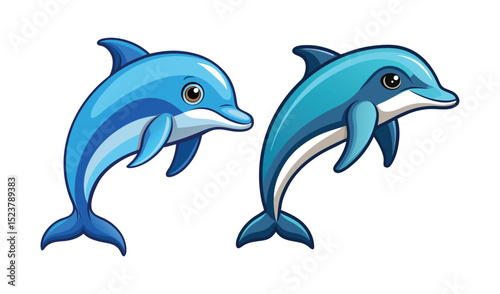 Photo of two playful blue dolphins leap and twirl, isolated on white background