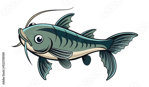 Photo of a teal and beige cartoon catfish, isolated on white background, swims with its whisker extended