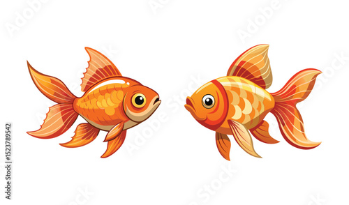 Photo of two vibrant orange goldfish face each other, isolated on white background