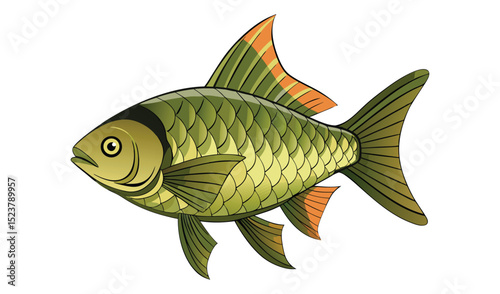 Photo of an illustration of a vibrant green fish with orange fins, isolated on white background