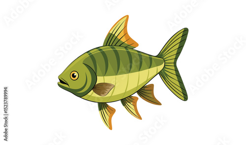 Photo of a vibrant green and orange fish, isolated on white background, with striped body and prominent fins