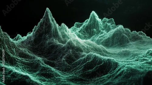 Futuristic digital landscape of glowing wireframe mountains, visualizing data management, mining, and Big Data tech. 