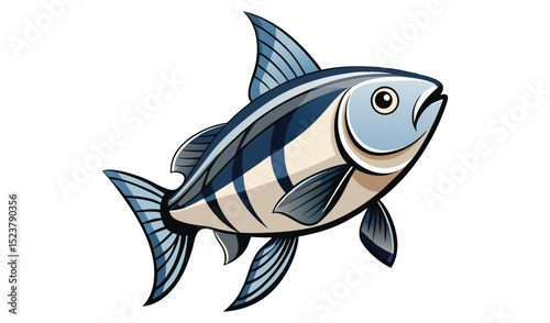 Photo of a sleek, striped fish, isolated on white background, swims with powerful fins and a curious gaze