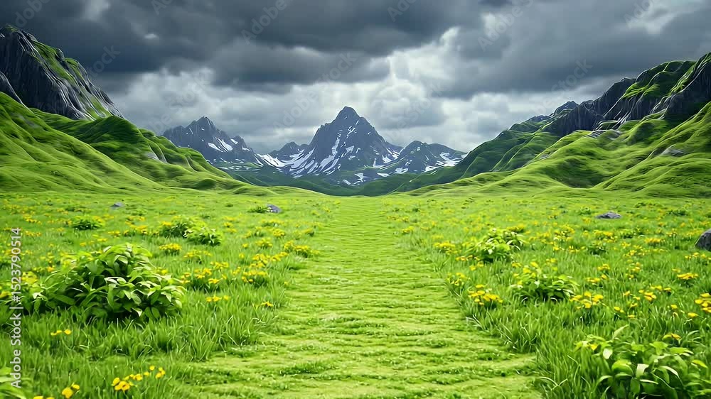 Dramatic Mountain View Verdant Meadow and Snow Capped Peaks
