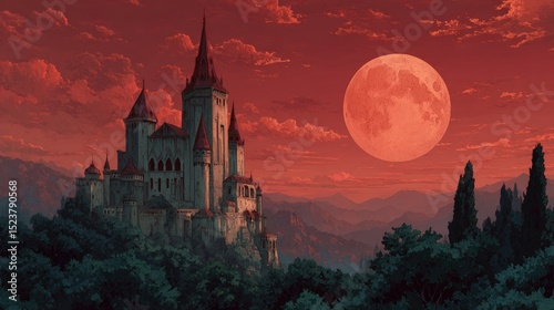 A dark Anime background or wallpaper of a vampires castle gothic architecture and blood-red moonlight