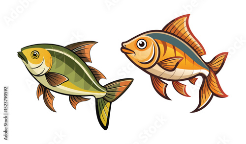 Photo of two vibrant fish illustrations, one green and one orange, isolated on white background