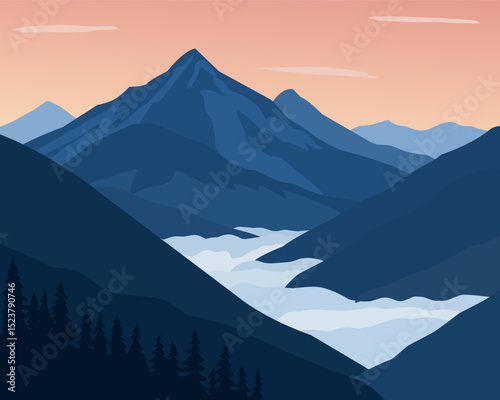 Vector illustration of a serene mountain landscape with layers of blue hills, mist in the valley, and a sunrise sky. Ideal for nature themes, travel designs, posters, outdoor blogs, and adventure cont