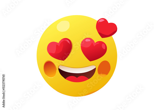 Emoji Happy loving face with red hearts. Emotion 3d cartoon icon. Yellow round emoticon. Vector illustration
