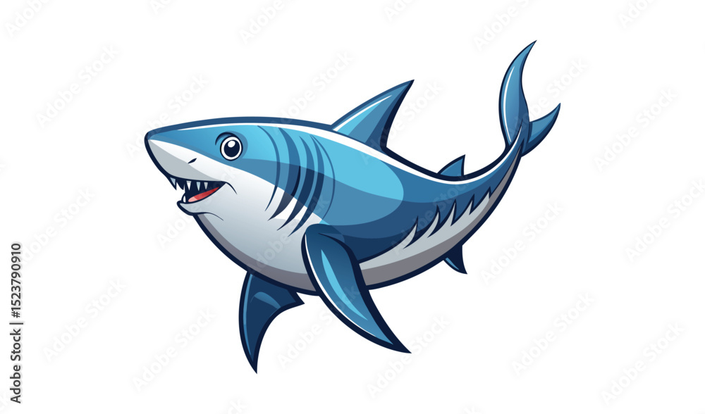 Naklejka premium Photo of a playful cartoon great white shark, isolated on white background, swims with a cheerful expression