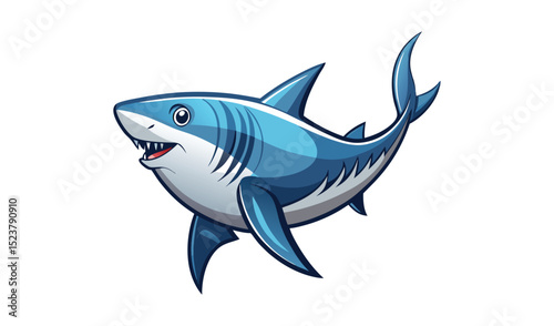 Photo of a playful cartoon great white shark, isolated on white background, swims with a cheerful expression