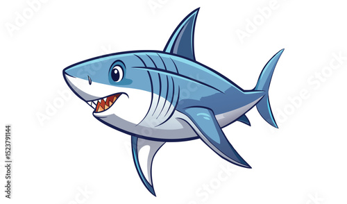 Photo of a cheerful cartoon shark, isolated on white background, swims playfully with a toothy grin