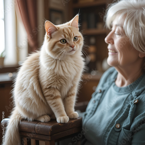 A therapy cat sitting on the shoulder of an elderly woman in a rocking chair, purring softly