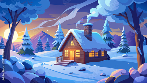A snow-covered cabin glows warmly in a cold white landscape. Smoke curls from the chimney. Icicles, quiet, frost, moonlight, and peace create a magical rural winter scene.

