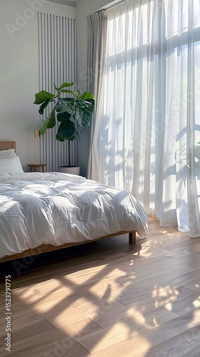 Cozy Bedroom White Bedding Morning Sunlight Minimal Interior