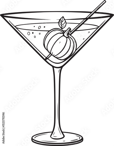 Halloween Autumn Fall Cocktail with Pumpkin for Thanksgiving Vector Illustration, Sketch Drawing Line Linear Symbol Icon Engraving Coloring Book, Hand-drawn Black and White Isolated
