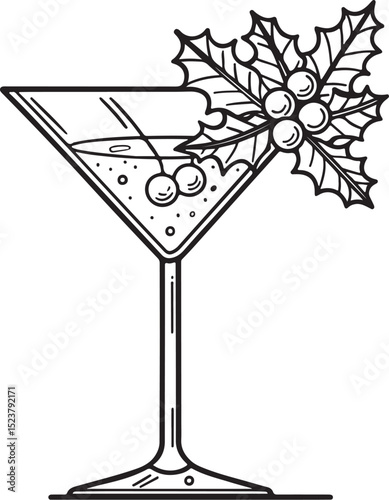 Christmas Cocktail Vector Illustration, Sketch Drawing Line Linear Symbol Icon Engraving Coloring Book, Hand-drawn Black and White Isolated
