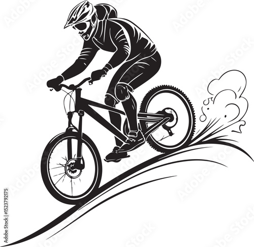 Mountain Bike Biking Vector Illustration, Sketch Drawing Line Linear Symbol Icon Engraving Coloring Book, Hand-drawn Black and White Isolated